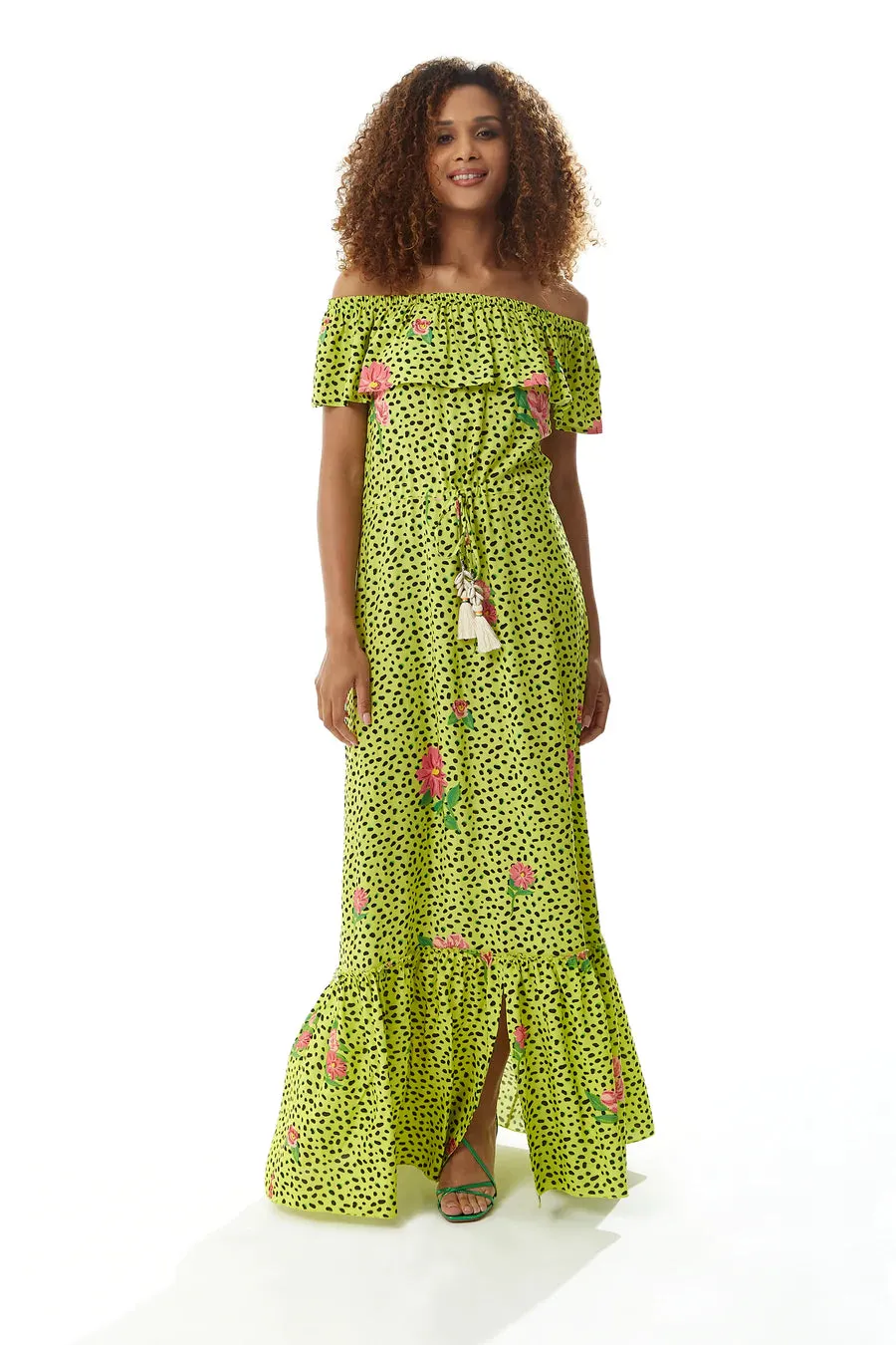 Floral and Animal Print Off-Shoulder Maxi Dress with Liquorice Design