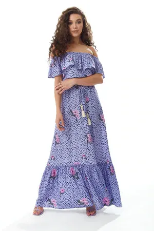 Floral and Animal Print Off-Shoulder Maxi Dress with Liquorice Design