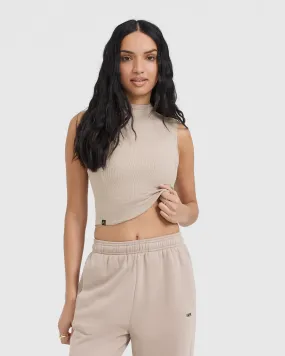 Sure! Here’s an optimized title for the e-commerce product:

Cozy Mushroom Brown Mellow Ribbed Mid Mock Neck Tank Top for Effortless Style