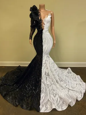 Mermaid One Shoulder African Long Prom Dress Black White Vintage Long Evening Formal Dress #POL054