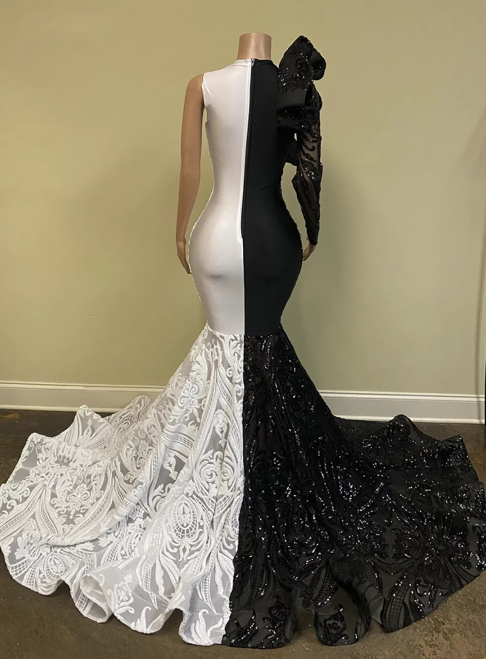Mermaid One Shoulder African Long Prom Dress Black White Vintage Long Evening Formal Dress #POL054