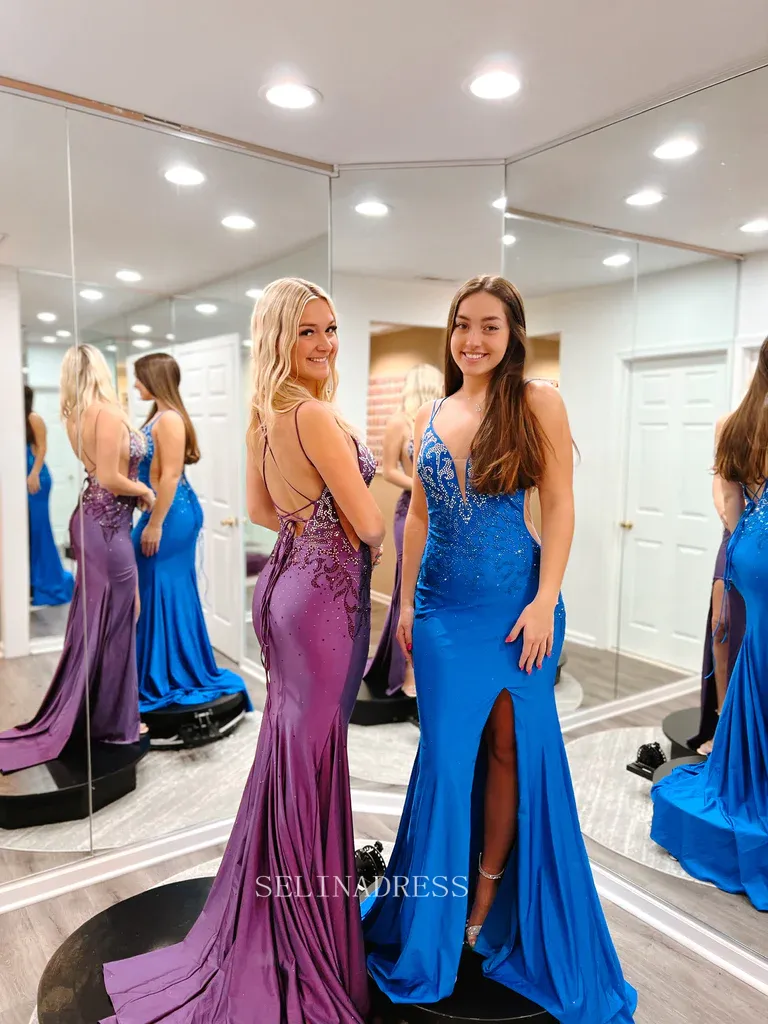 Mermaid Spaghetti Straps Beaded Prom Dress Sexy Long Formal Dresses Evening Dress KPY026