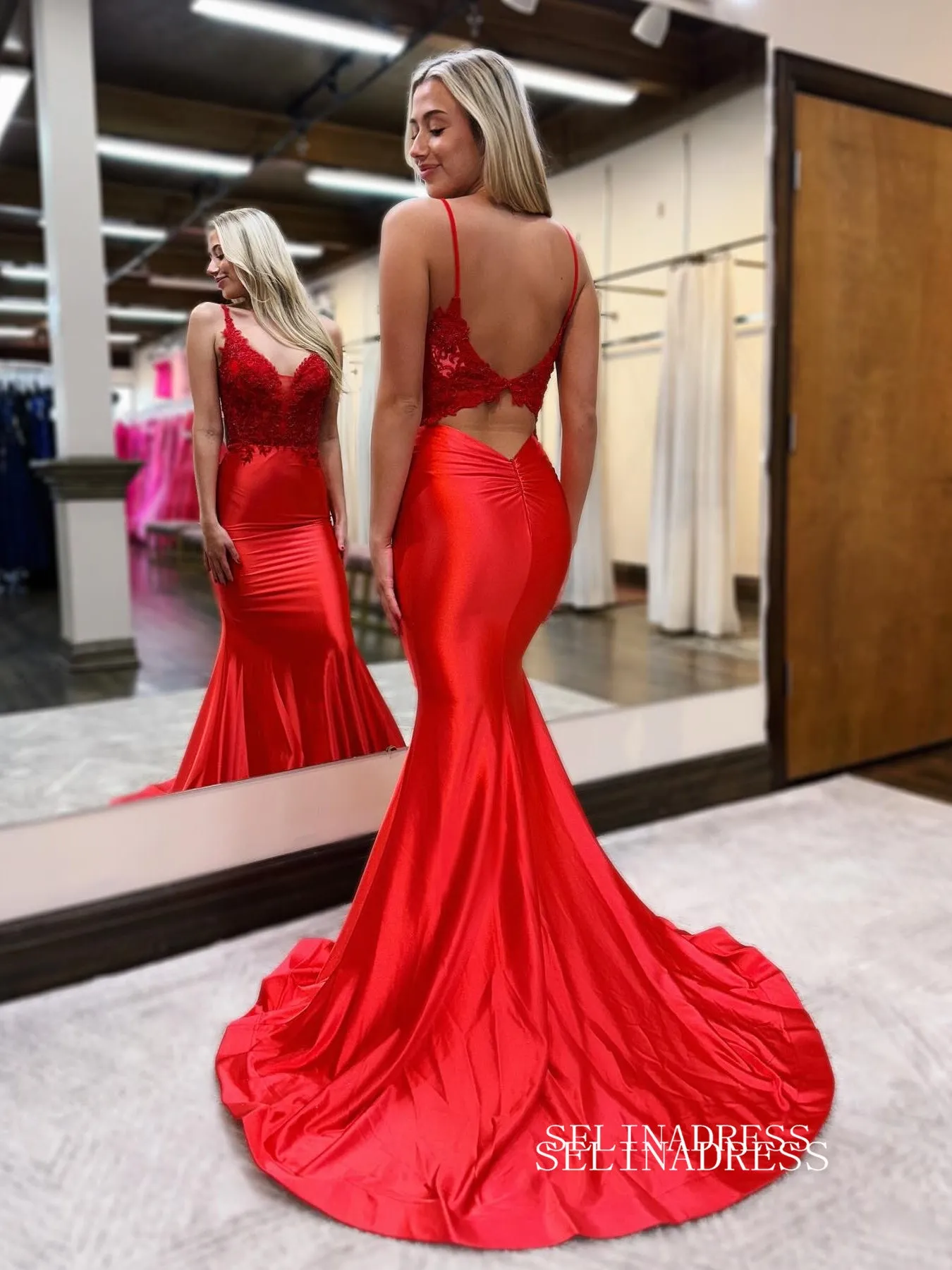 Mermaid Spaghetti Straps Long Prom Dress Satin Beaded Evening Dress EWR461