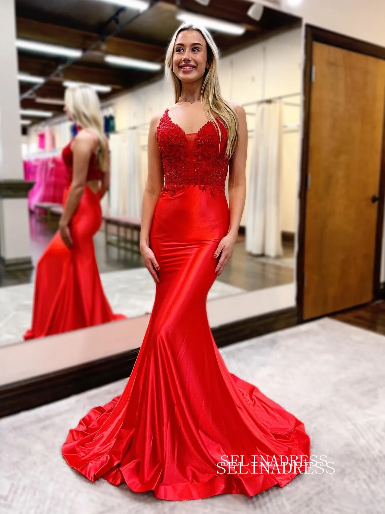 Mermaid Spaghetti Straps Long Prom Dress Satin Beaded Evening Dress EWR461