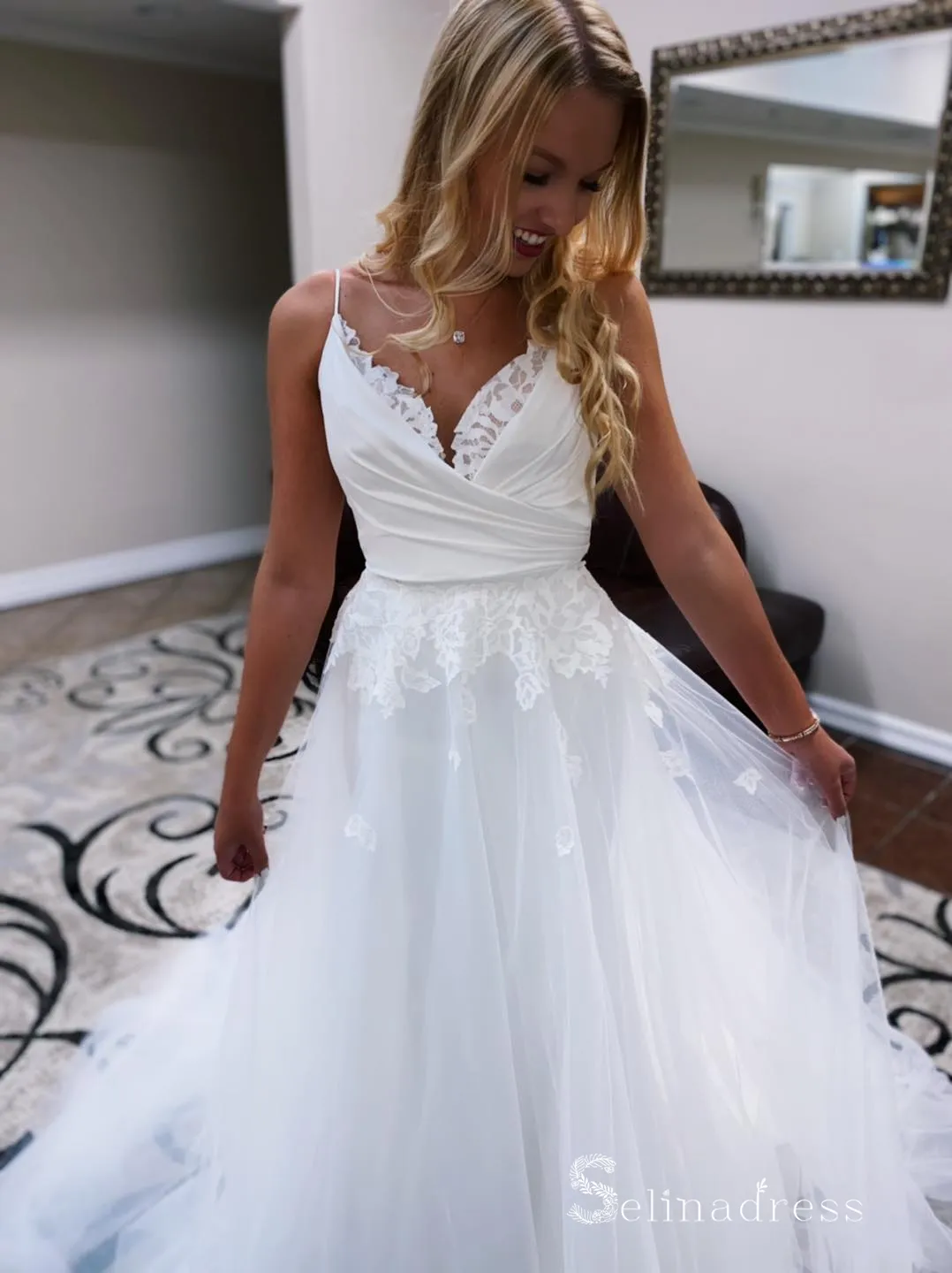 Mermaid Spaghetti Straps White Detachable Wedding Dresses Satin Wedding Gowns CBD496