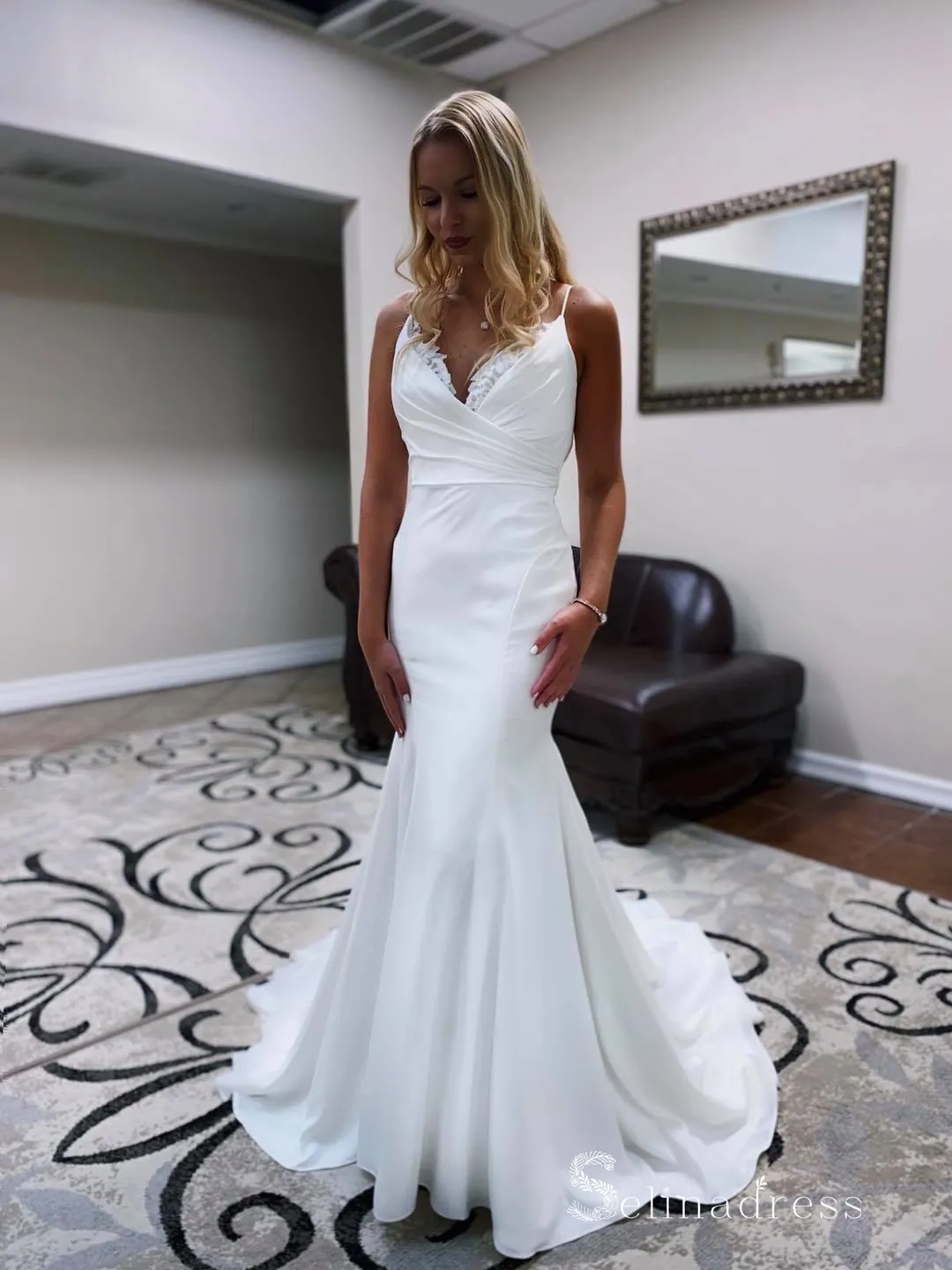 Mermaid Spaghetti Straps White Detachable Wedding Dresses Satin Wedding Gowns CBD496