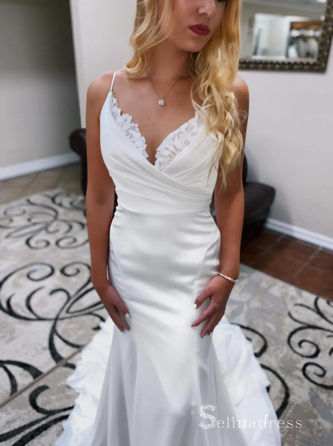 Mermaid Spaghetti Straps White Detachable Wedding Dresses Satin Wedding Gowns CBD496