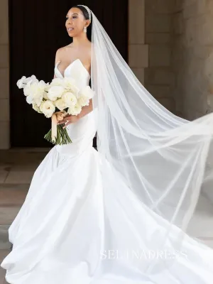 Mermaid V neck White Wedding Dress Rustic Cheap Satin Bridal Gowns TKL3051