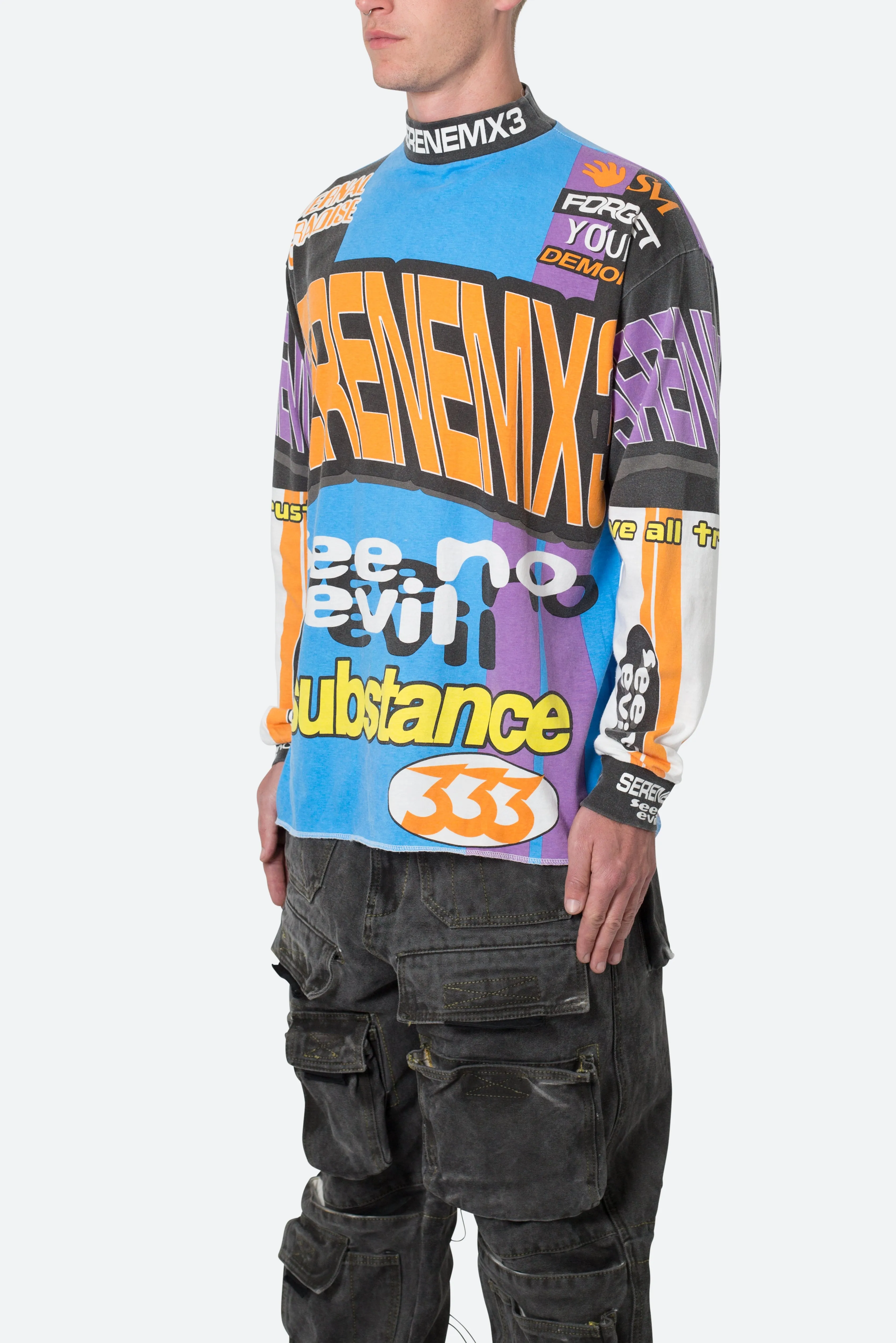 Blue Multi-Color Long Sleeve Motocross Tee with Mock Neck
