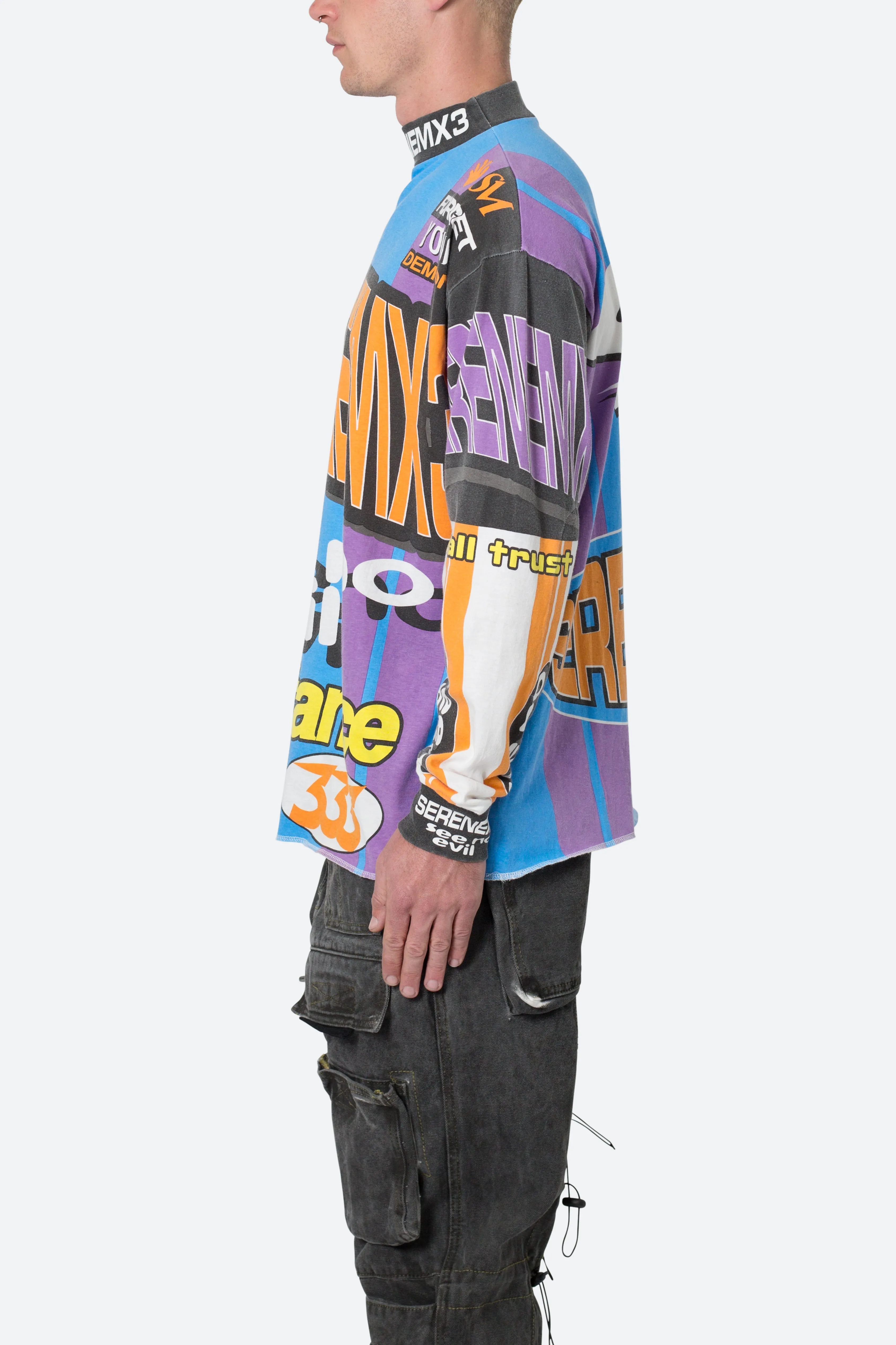 Blue Multi-Color Long Sleeve Motocross Tee with Mock Neck