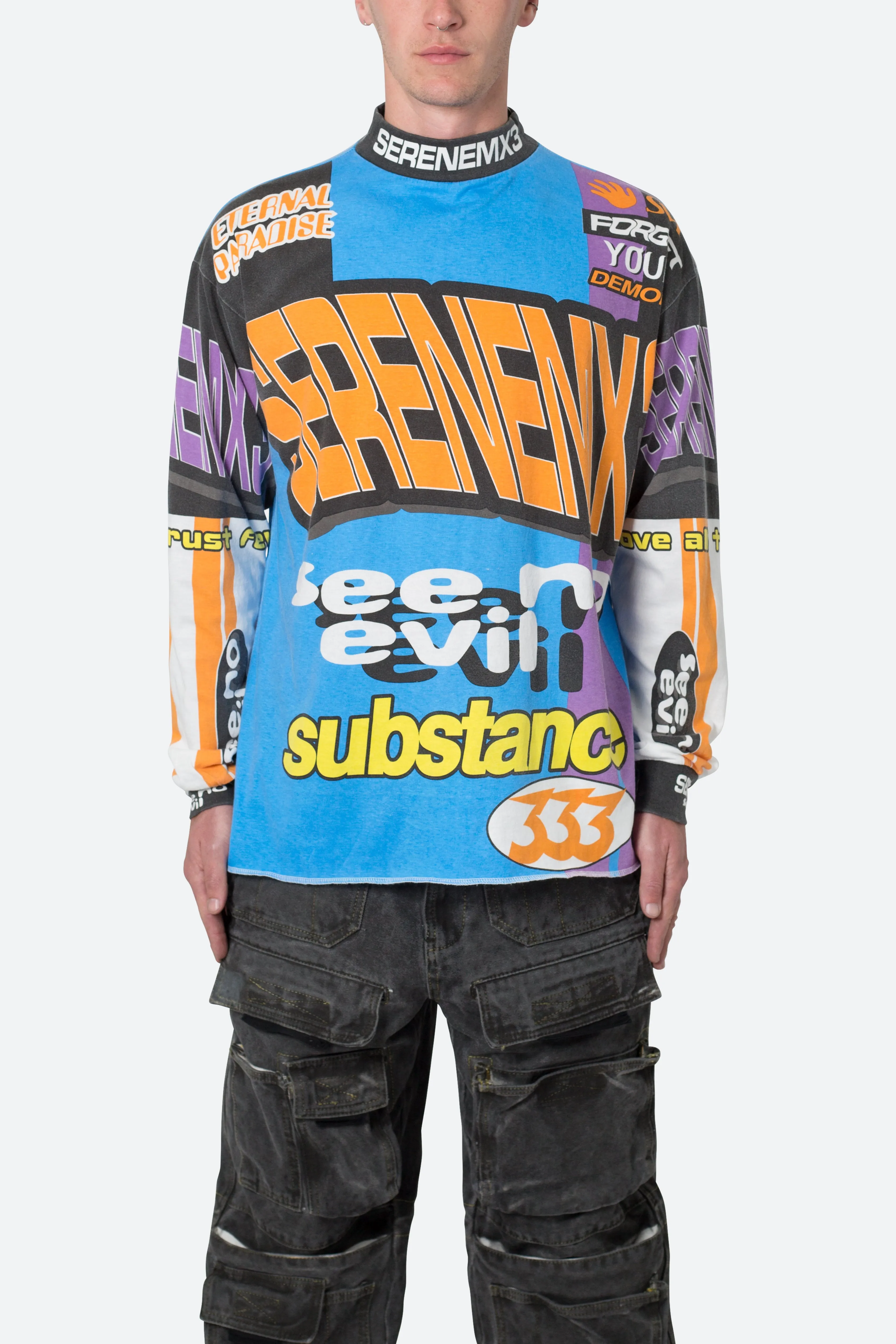 Blue Multi-Color Long Sleeve Motocross Tee with Mock Neck