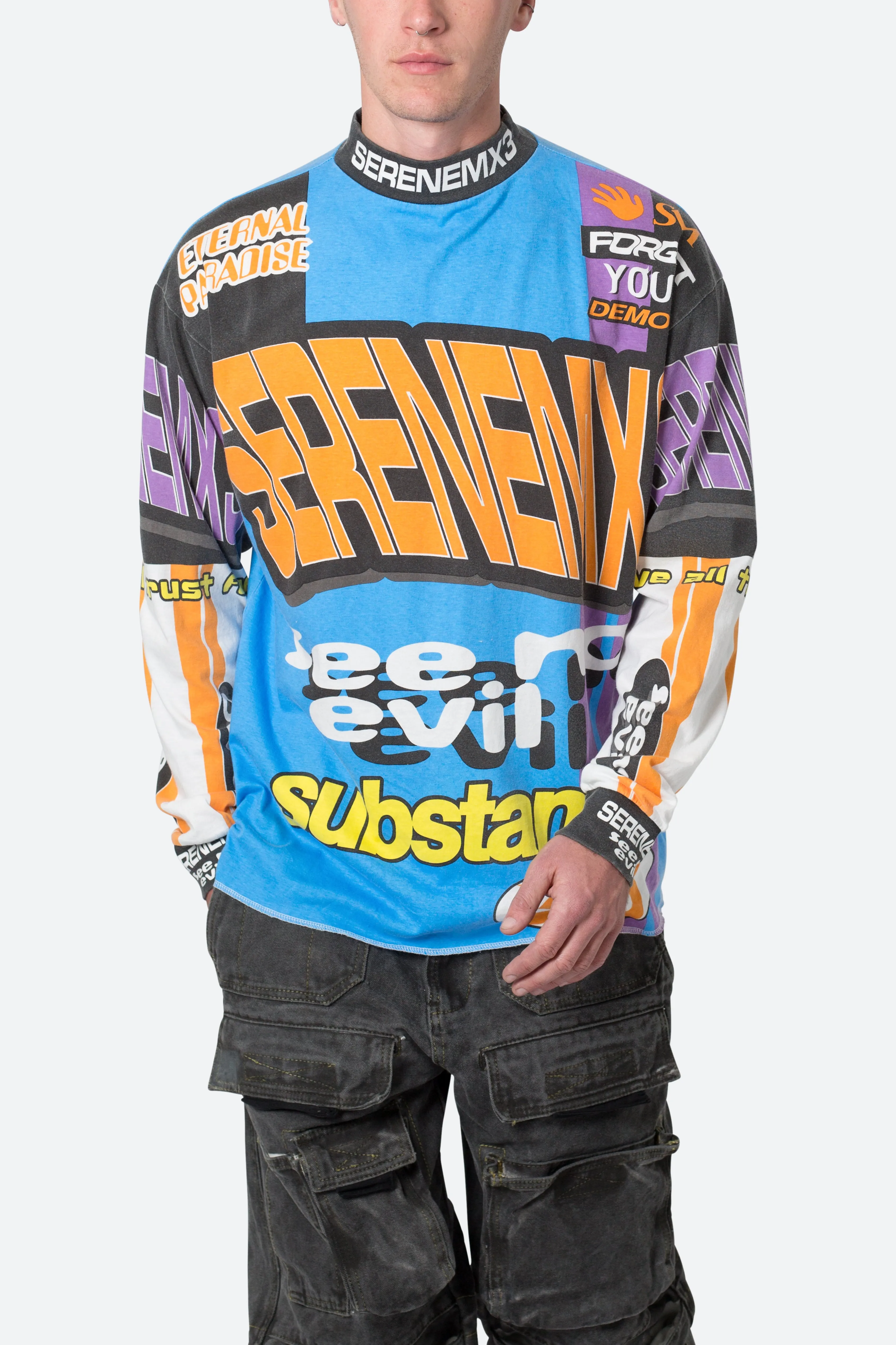 Blue Multi-Color Long Sleeve Motocross Tee with Mock Neck