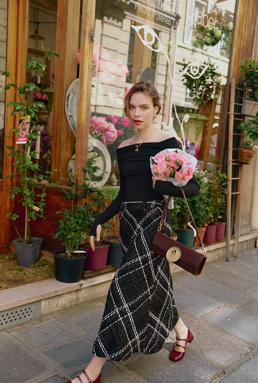 Elegant Monty Midi Black Tweed Skirt