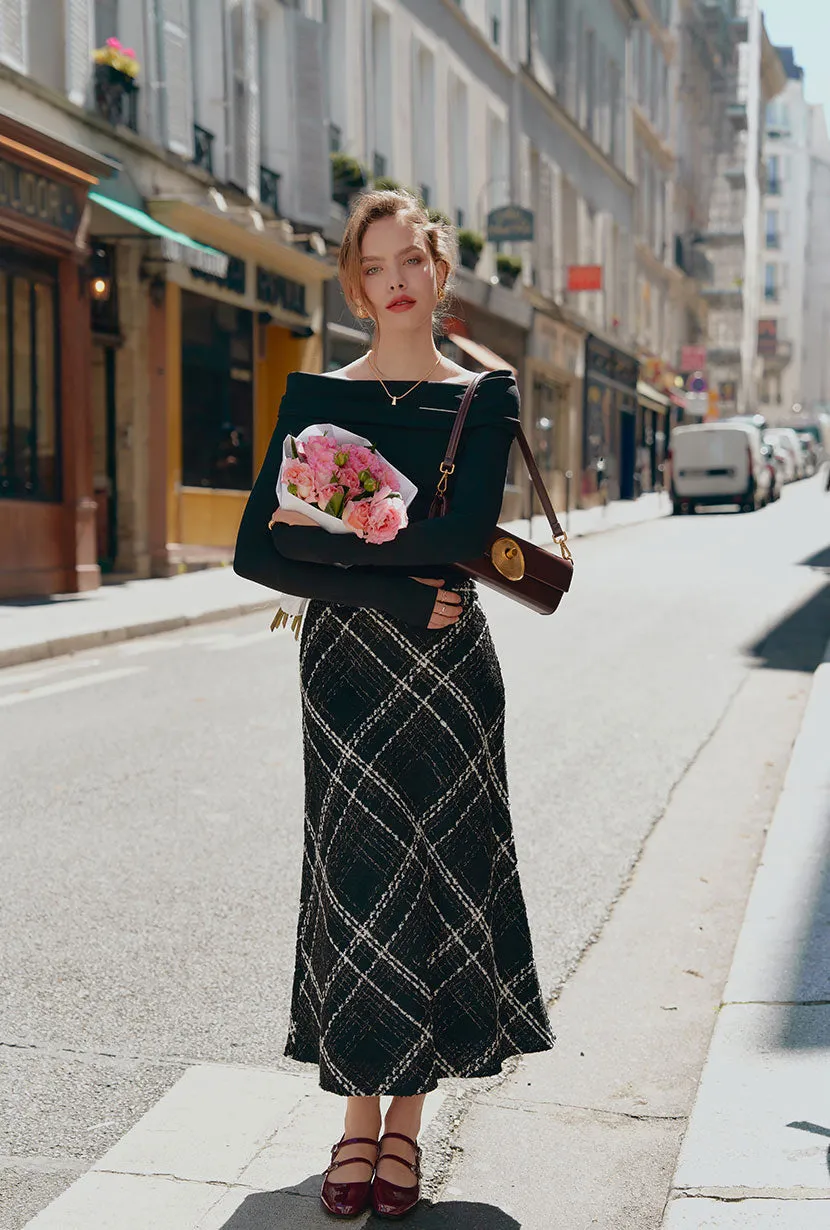 Elegant Monty Midi Black Tweed Skirt