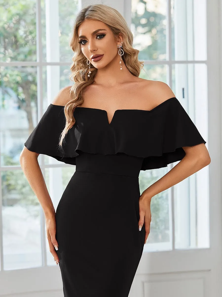 Elegant Off-The-Shoulder Tea-Length Bodycon Dress for Wedding Guest