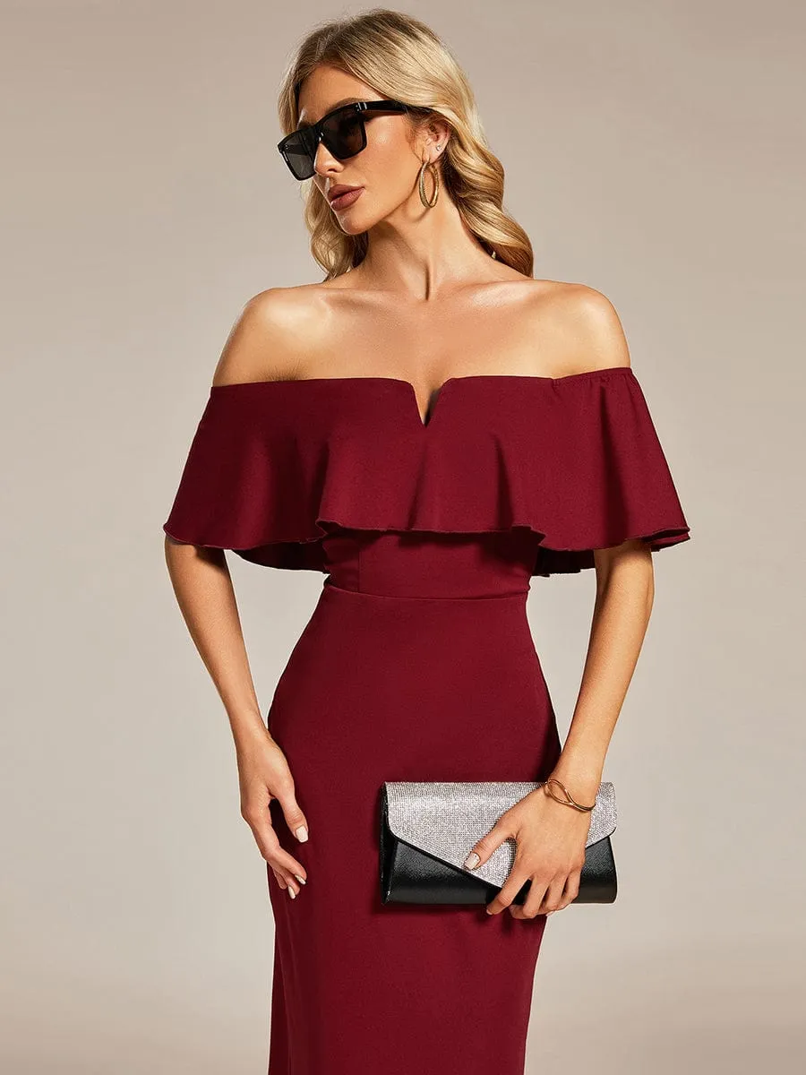 Elegant Off-The-Shoulder Tea-Length Bodycon Dress for Wedding Guest