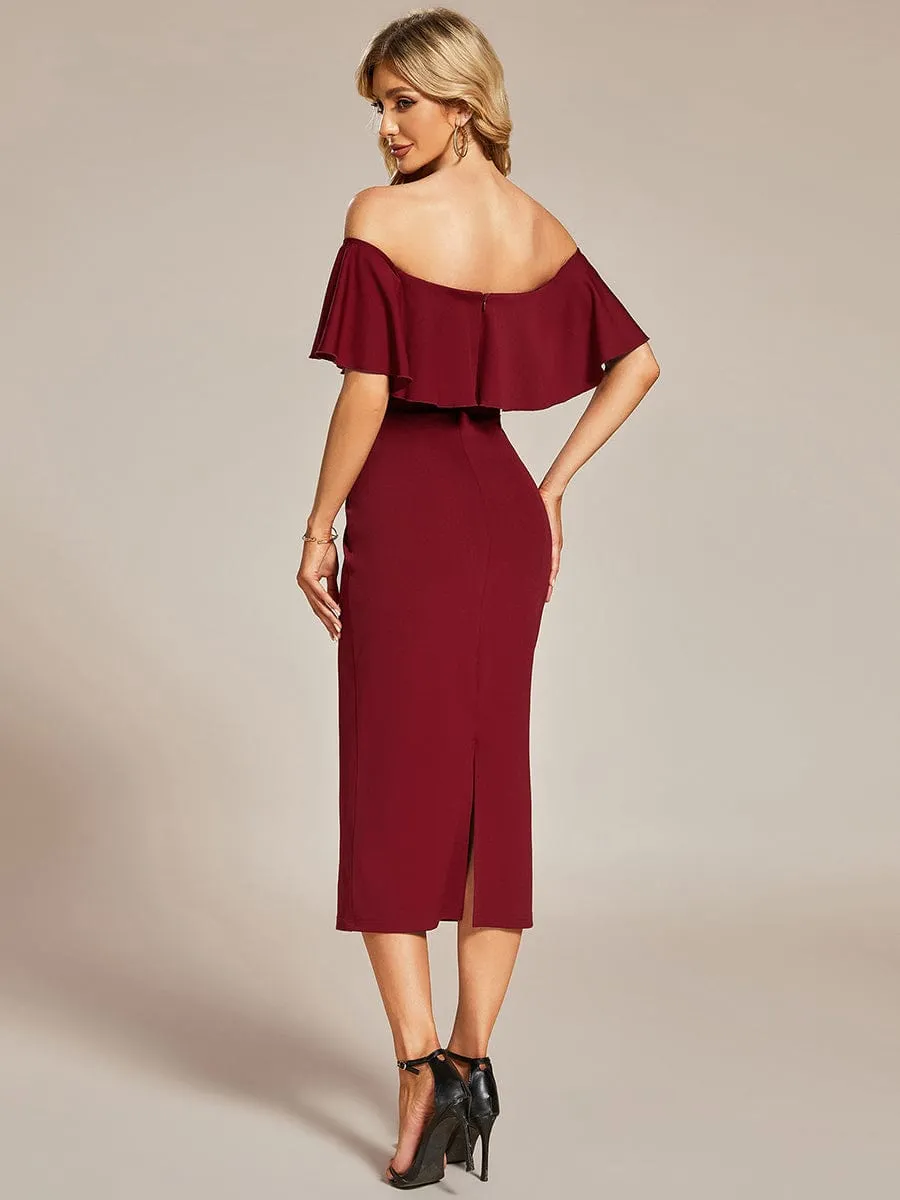 Elegant Off-The-Shoulder Tea-Length Bodycon Dress for Wedding Guest