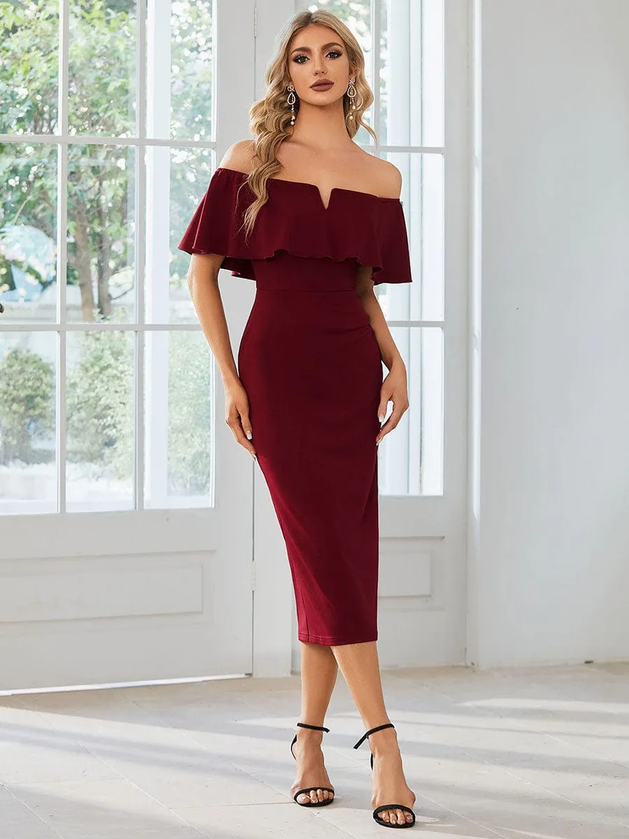 Elegant Off-The-Shoulder Tea-Length Bodycon Dress for Wedding Guest