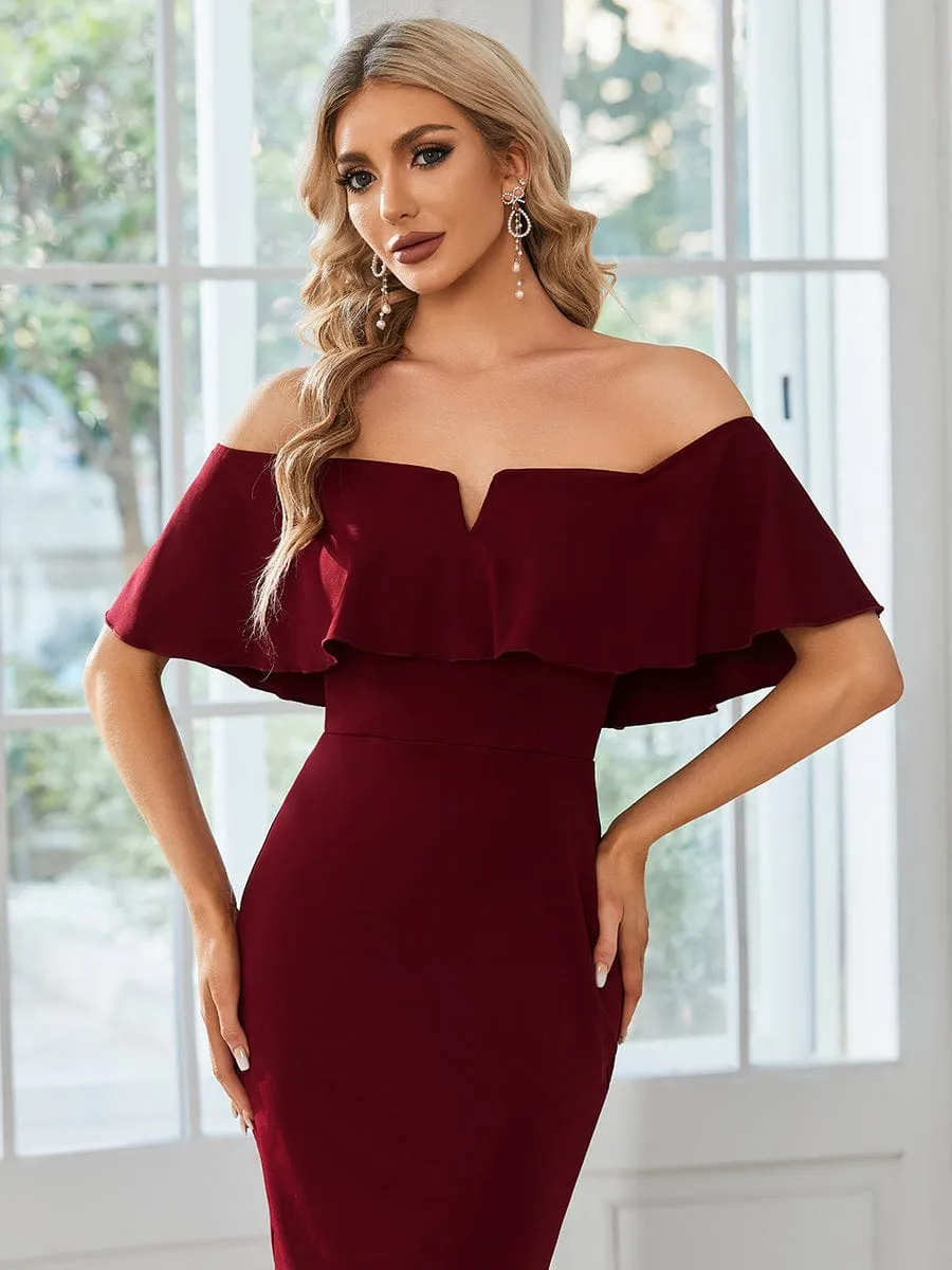Elegant Off-The-Shoulder Tea-Length Bodycon Dress for Wedding Guest