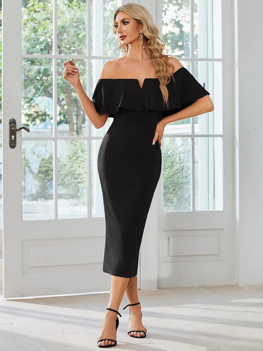 Elegant Off-The-Shoulder Tea-Length Bodycon Dress for Wedding Guest