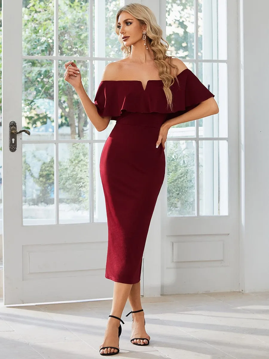 Elegant Off-The-Shoulder Tea-Length Bodycon Dress for Wedding Guest