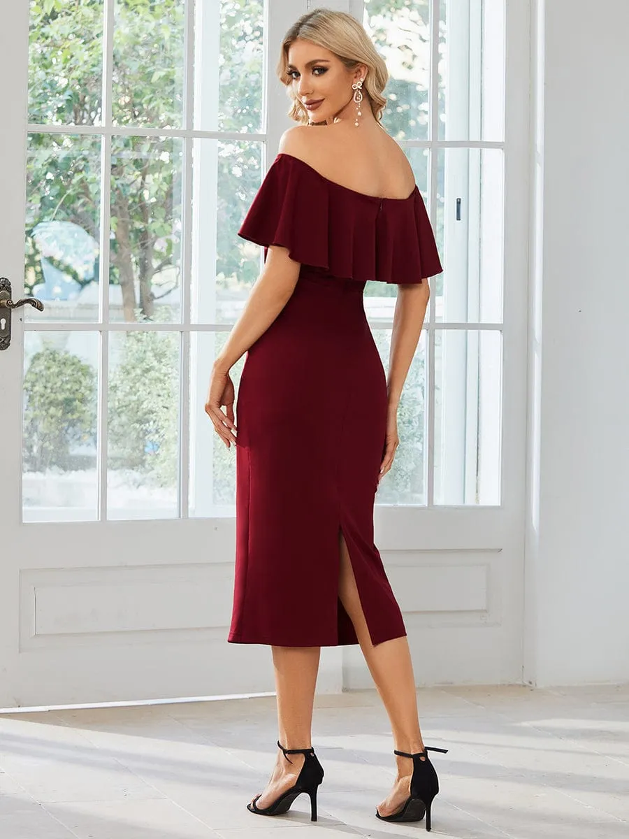 Elegant Off-The-Shoulder Tea-Length Bodycon Dress for Wedding Guest