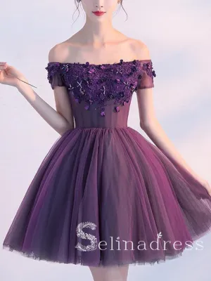Off-the-shoulder Grape Lace Homecoming Dress Cute Short Prom Dress HML006