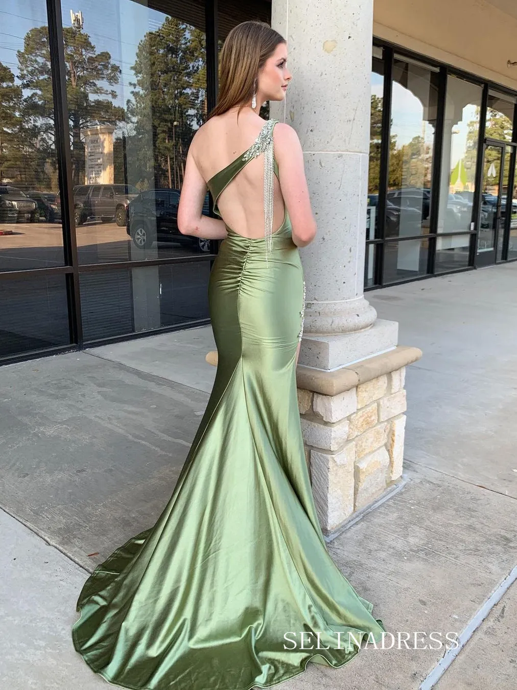 One Shoulder Mermaid Sage Long Prom Dresses With Slit sew1004