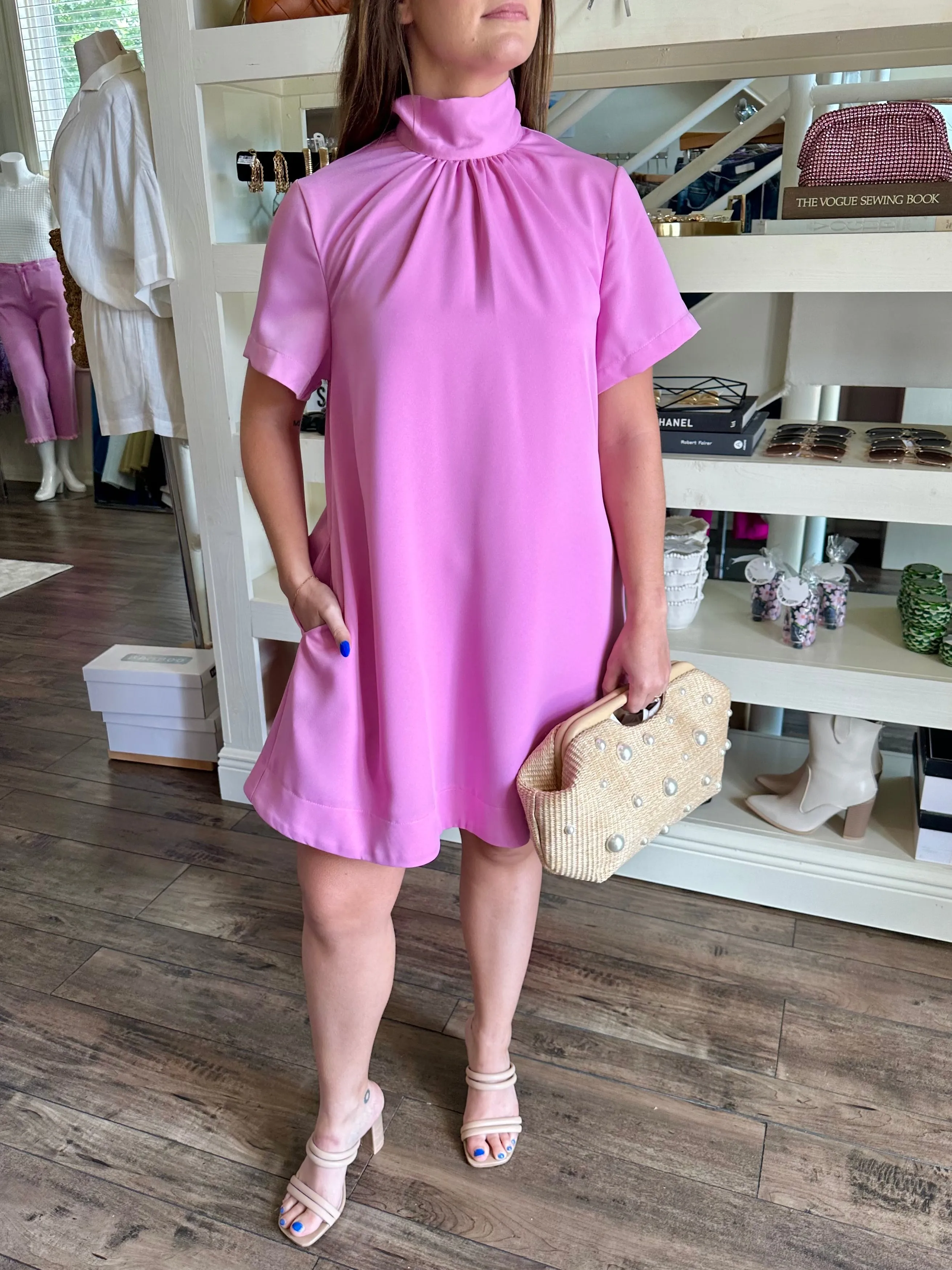 Pink Tie Mock Neck Dress