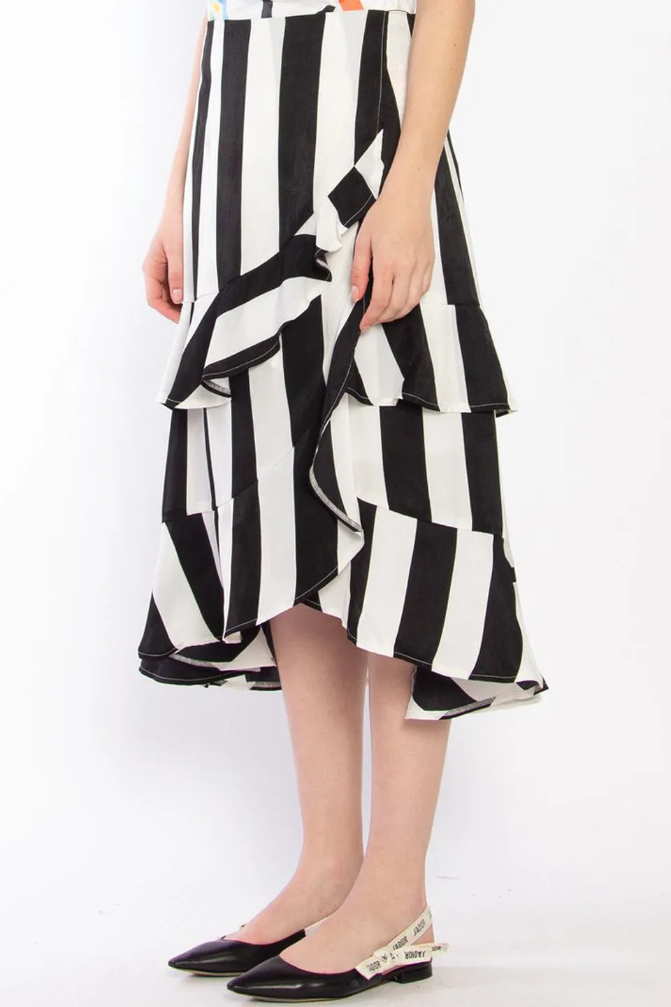 Saturday Black Stripe Ruffle Midi Skirt