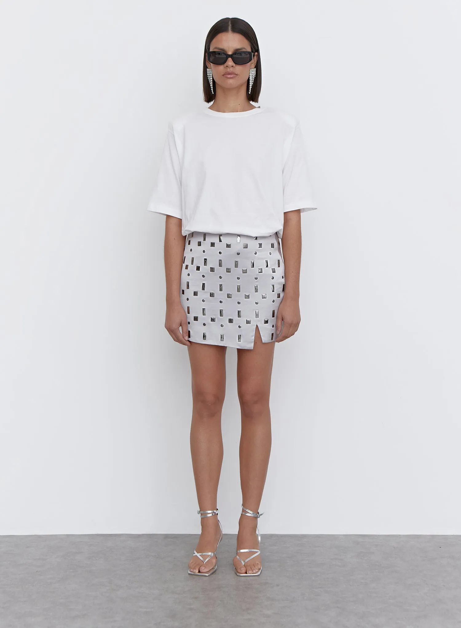 Silver Embellished Faux Leather Mini Skirt - Daphne