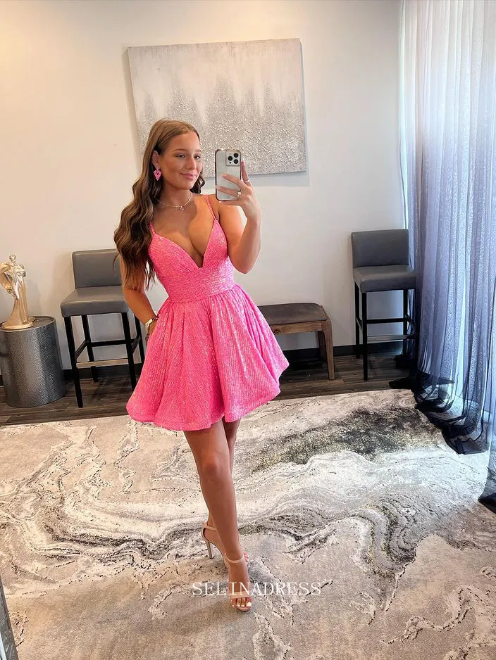 Spaghetti Straps V neck Pink Homecoming Dresses Sequins Sparkly Short Prom Dress Cocktail Dresses #TKL087