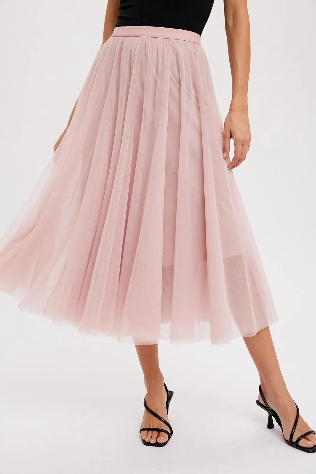Chic High-Waisted Tulle Midi Skirt for Effortless Elegance